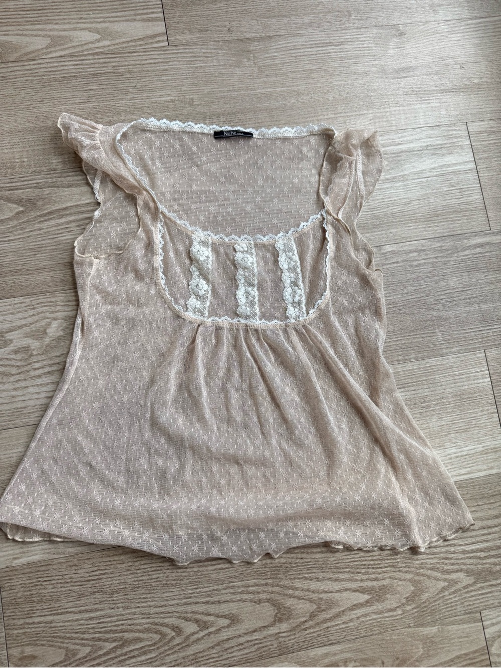 Sheer Lace-Trim Flutter Sleeve Top - Nude